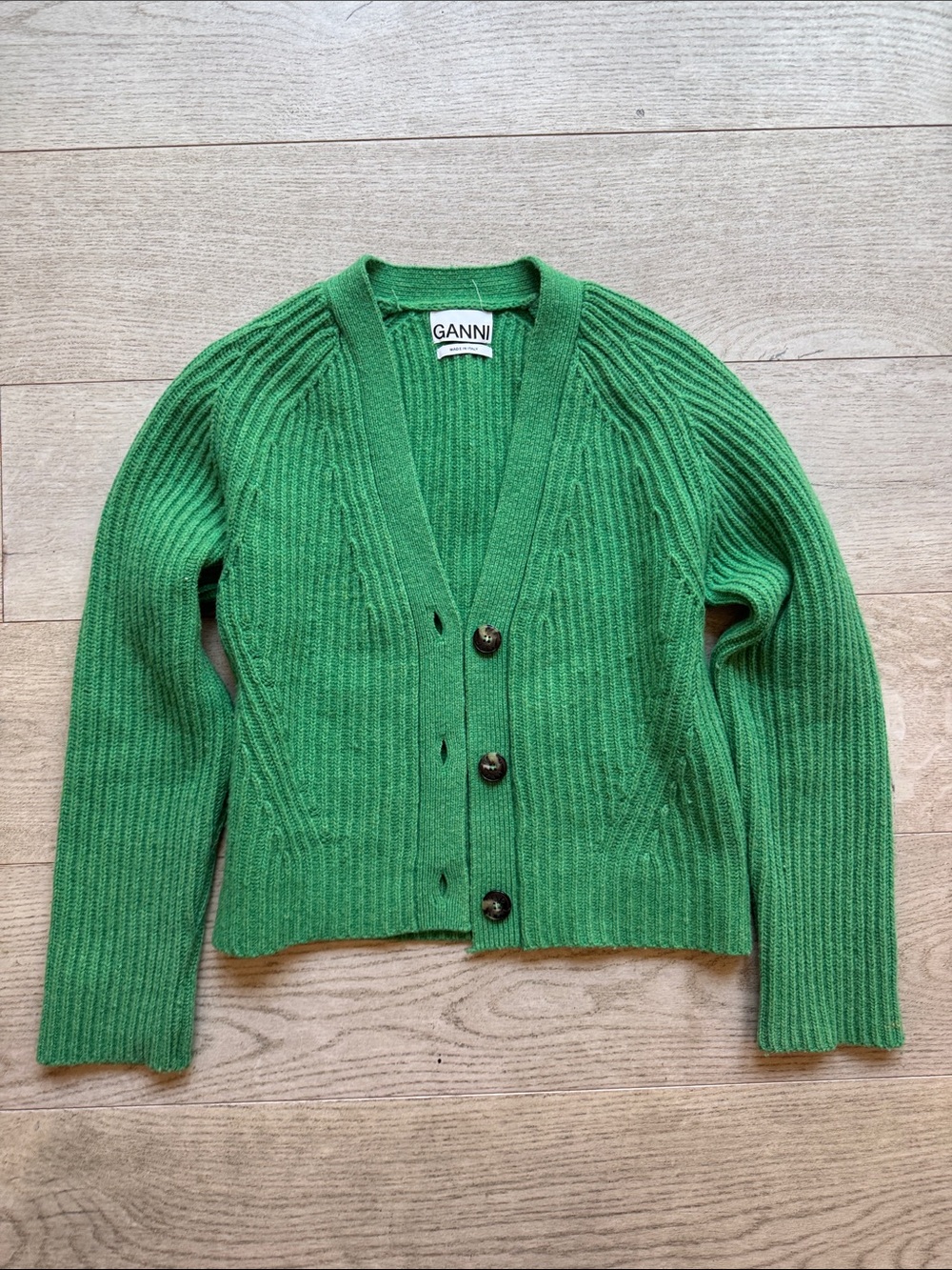 Ganni Green Ribbed V-Neck Button Cardigan